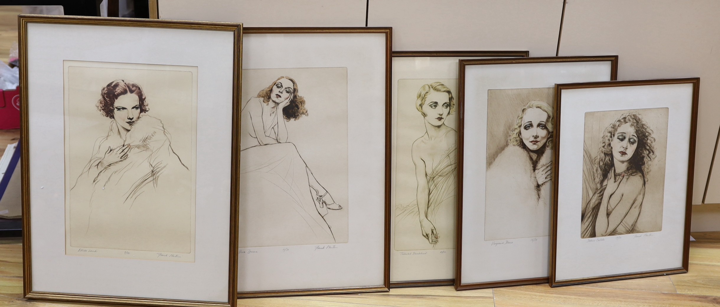 Frank Martin (1921-2005), five limited edition prints, Portraits of Vera Zorina, Elissa Landi, Dolores Costello, Tallulah Bankhead and Virgina Bruce, all signed in pencil and numbered from edition of 30 or 50, largest 44